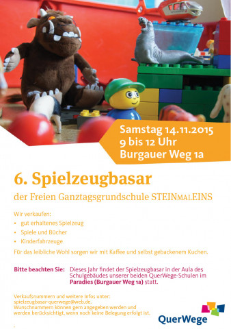 Flyer für den Spielzeugbasar der Freien Ganztagsgrundschule SteinMalEins am 14. November 2015